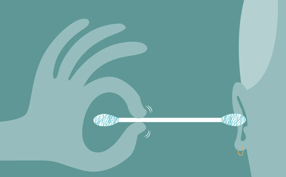 an illustration of a person inserting a q-tip into their ear