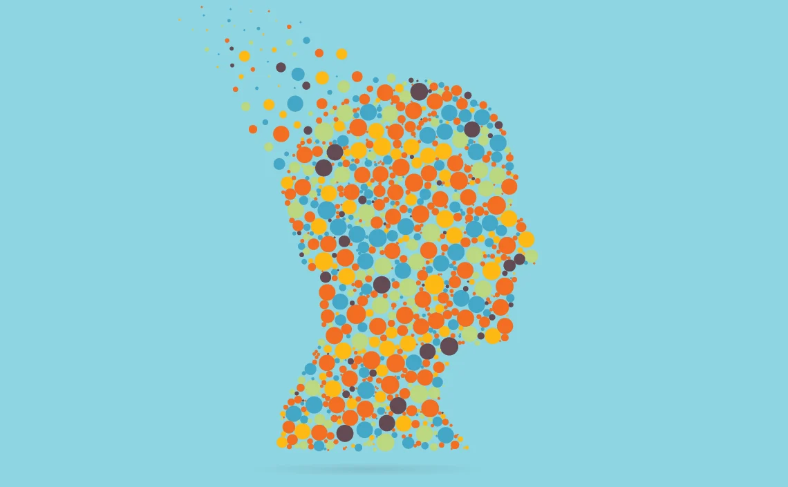An illustration of a human bust slowly disintegrating