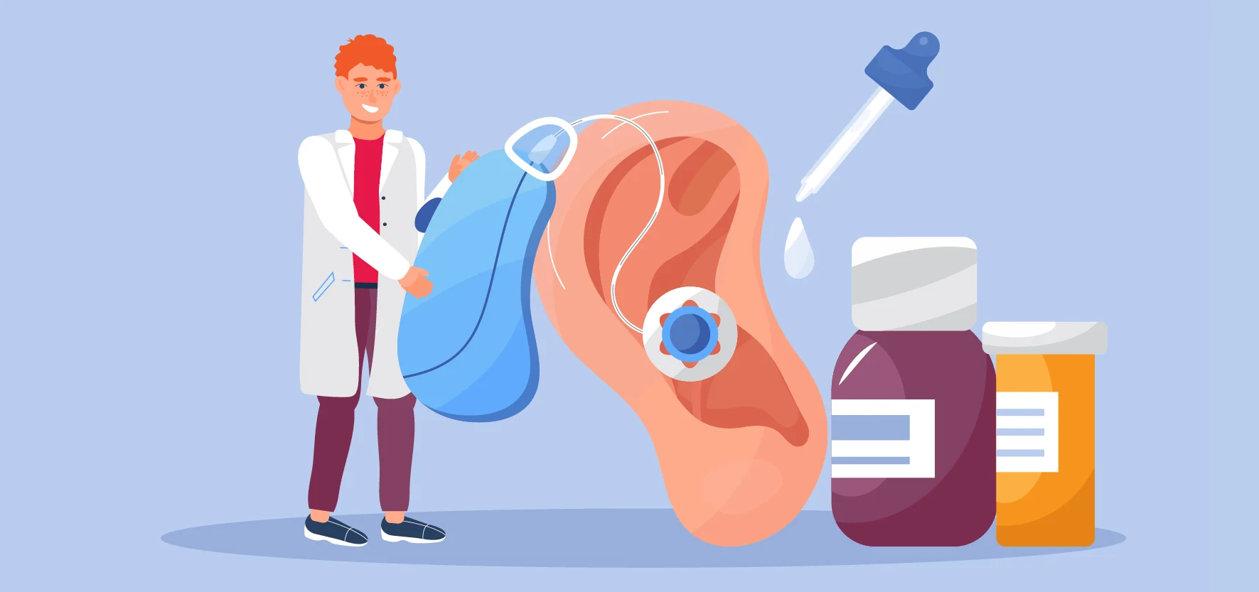 An illustration of an audiologist performing routine maintenance on an oversized hearing aid attached to an oversized ear