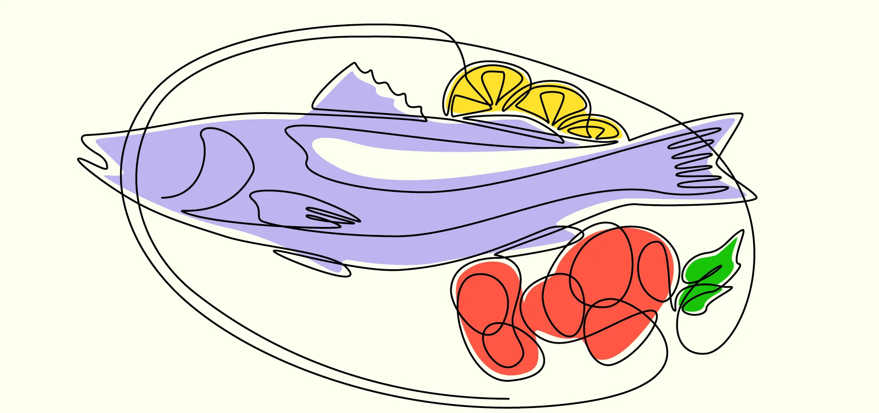An illustration of a platter with a whole fish and some other food