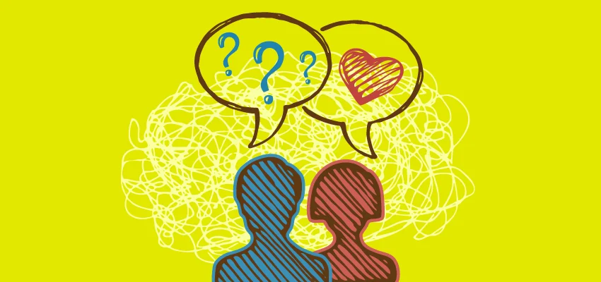An illustration showing two people with speech bubbles above them, one containing question marks and the other a heart, symbolizing communication