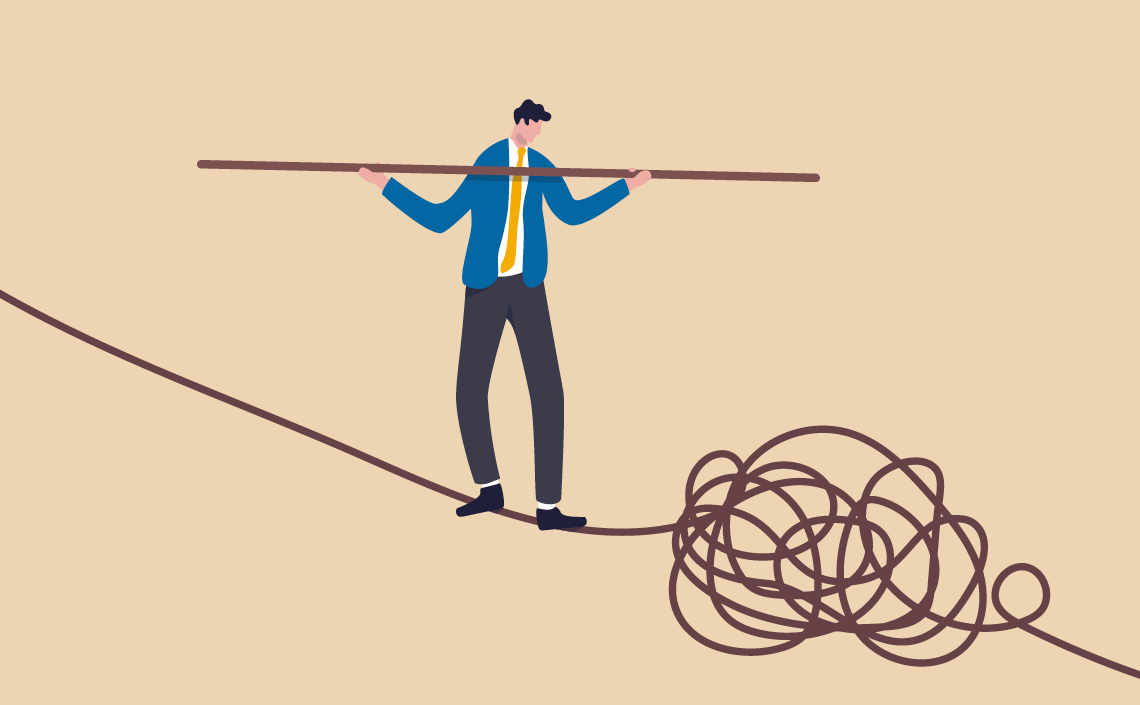 An illustration of a businessman walking a tight rope with a giant tangle in it