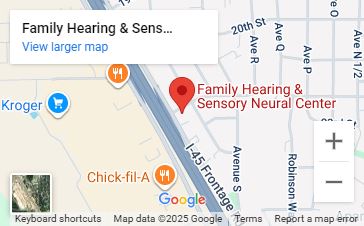 A map of Family Hearing & Sensory Neural Center's headquarters in Huntsville, TX