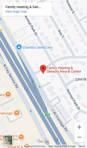 A map of Family Hearing & Sensory Neural Center's headquarters in Huntsville, TX